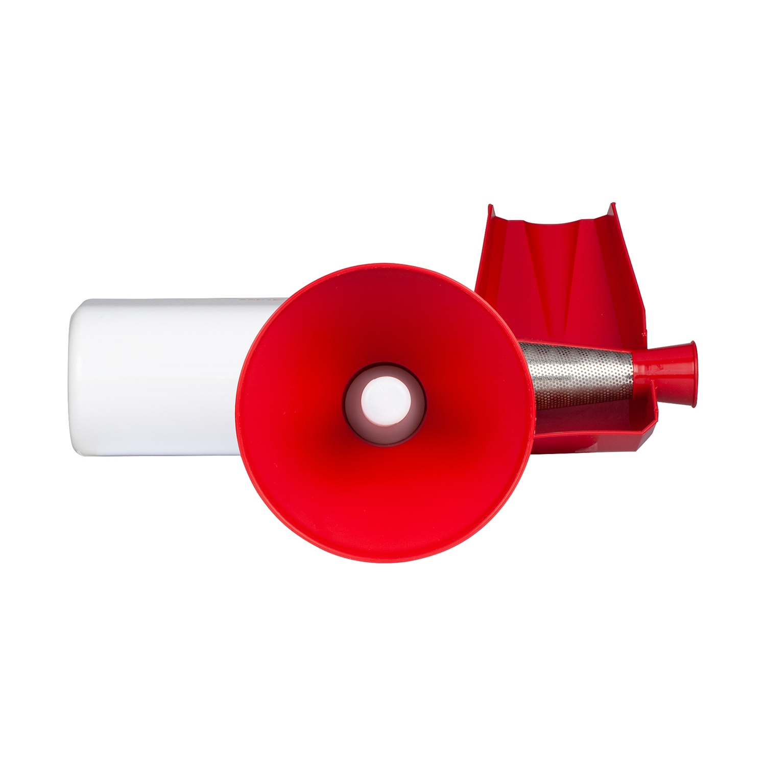 Uno strumento da cucina rosso e bianco, forse un imbuto o un colino. I componenti sono in plastica rossa e un pezzo cilindrico bianco.
