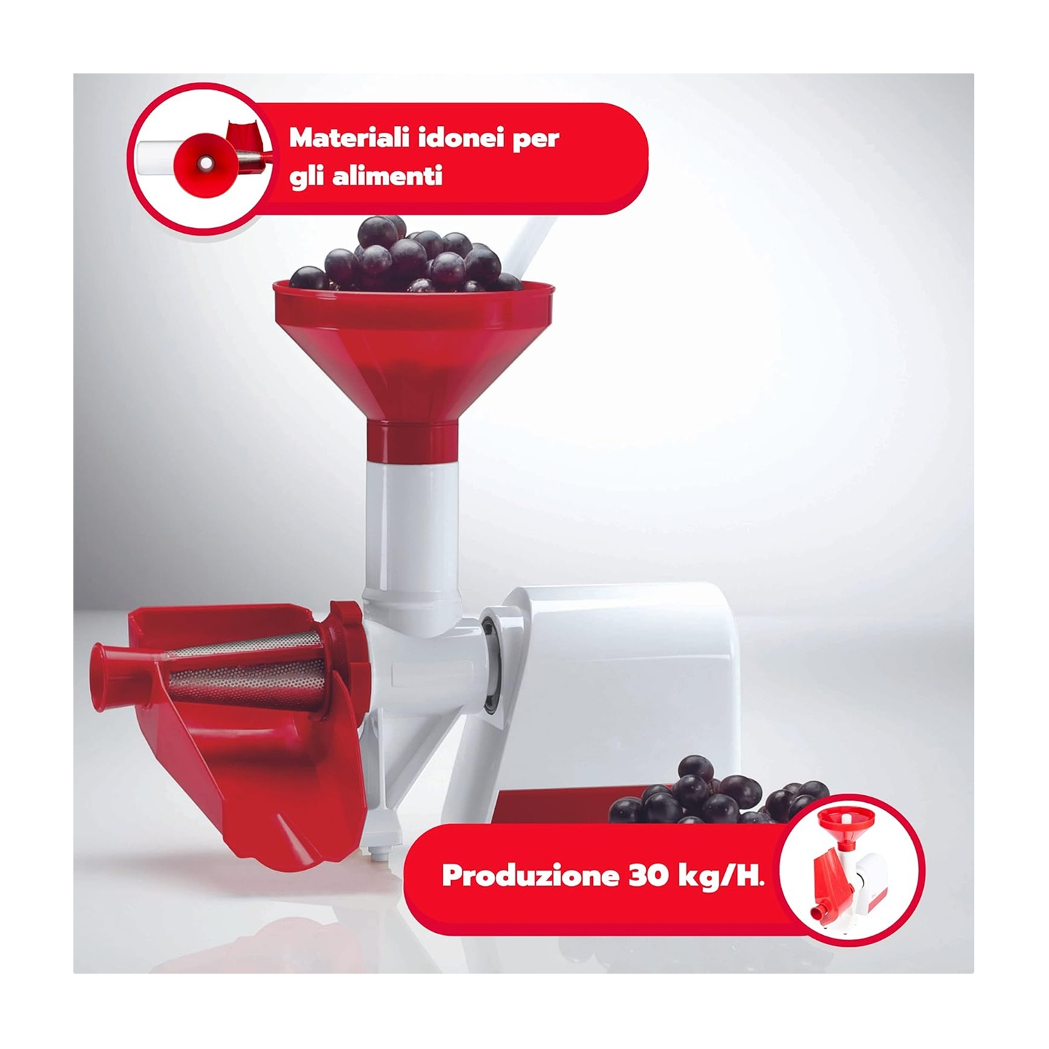 Spremiuva bianca e rossa. Imbuto rosso con uva. Beccuccio rosso a sinistra. Base bianca. Testo rosso 'Produzione 30 kg/H'.