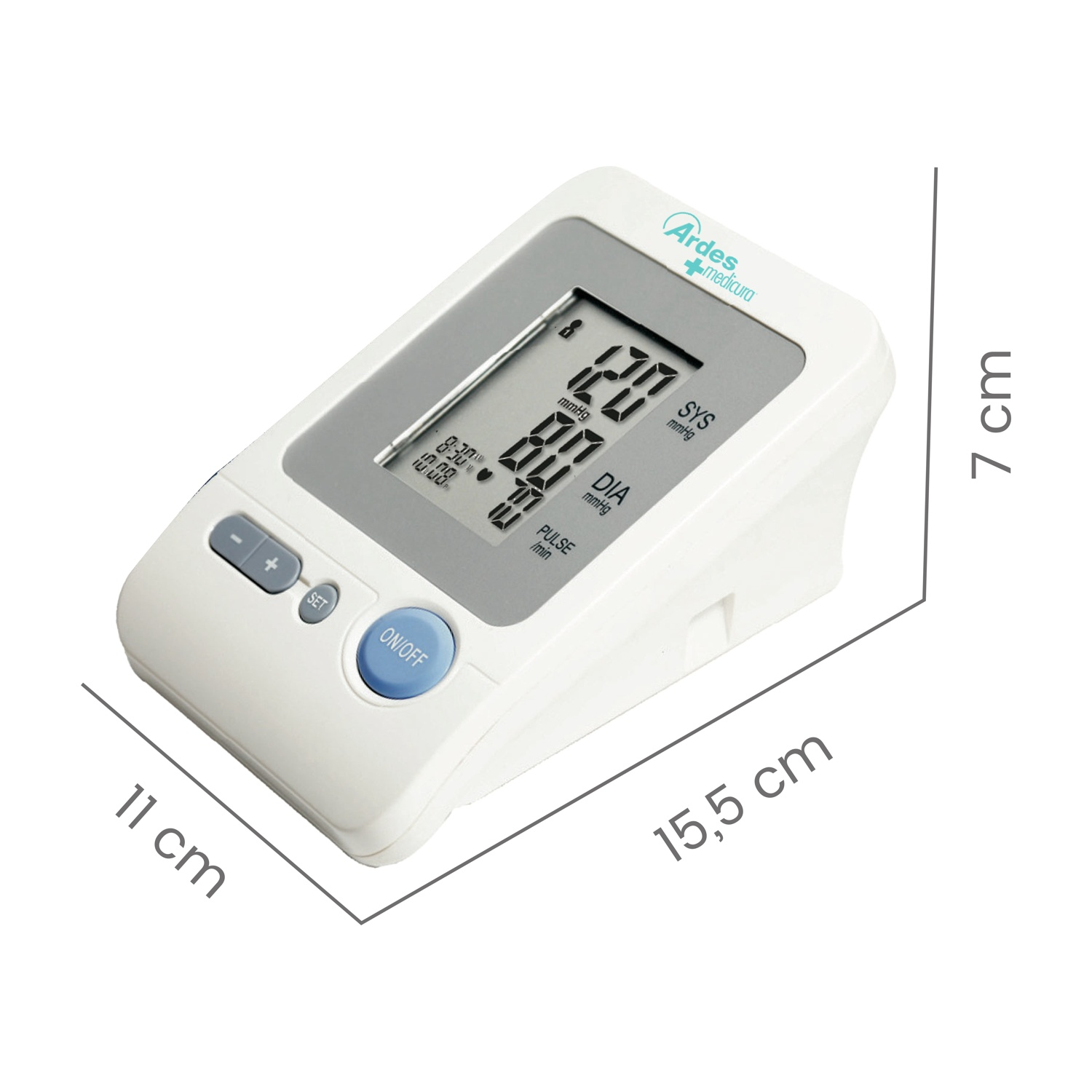 Un misuratore di pressione sanguigna bianco mostra le letture: 120/80 mmHg, frequenza cardiaca 40. Presenta pulsanti e schermo. Dimensioni indicate.