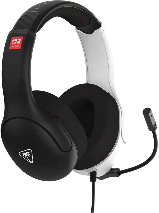 Schwarzes und weißes Gaming-Headset mit Mikrofon. Das Headset hat ein Nintendo Switch-Logo. Ein Kabel ist angeschlossen.