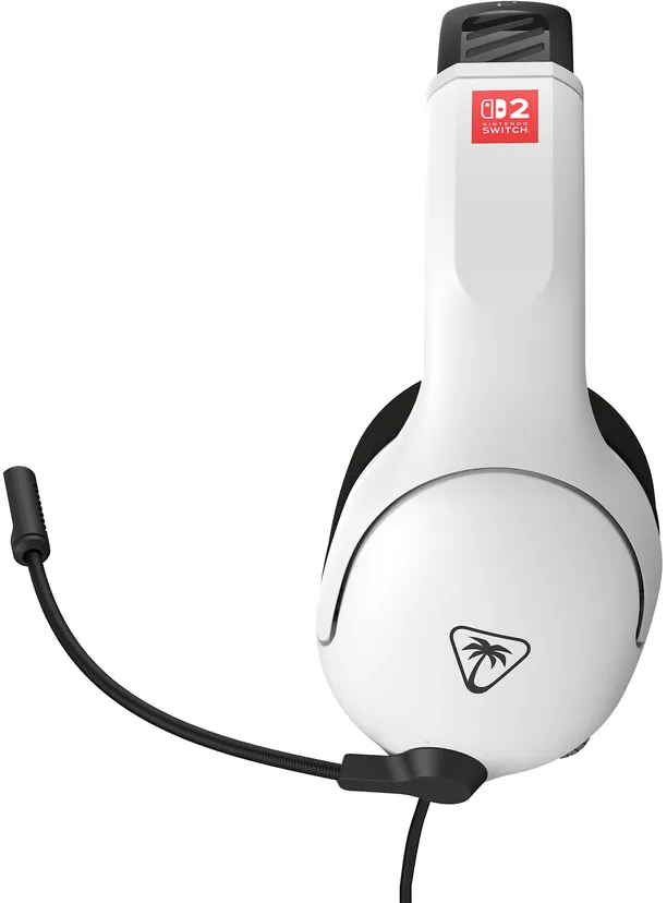 Weißes Headset mit schwarzem Mikrofon. Das Headset hat ein rotes Nintendo Switch-Logo. Ein Palmenlogo ist auf der Ohrmuschel sichtbar.