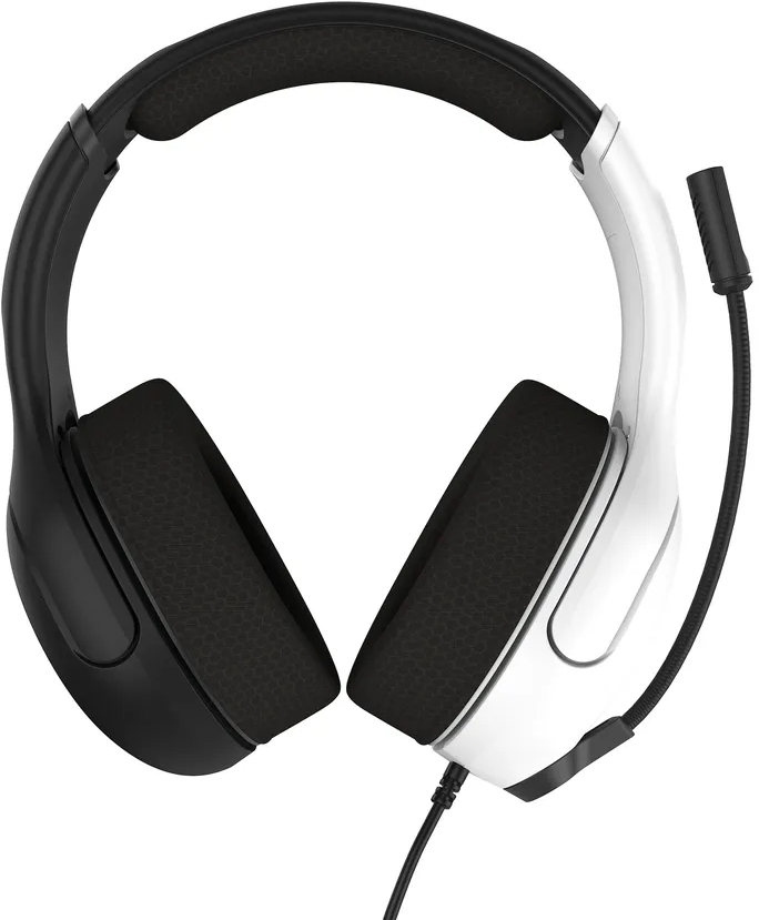 Weißes und schwarzes Gaming-Headset. Das Headset hat ein Mikrofon und ein Kabel. Die Ohrmuscheln sind schwarz und der Rahmen ist weiß und schwarz.