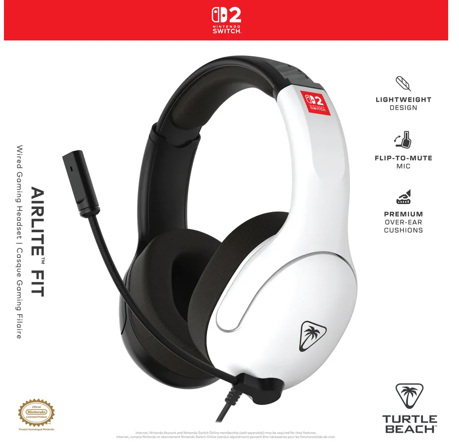 Weißes und schwarzes Gaming-Headset für Nintendo Switch. Merkmale sind ein Flip-to-Mute-Mikrofon und Over-Ear-Polster mit Turtle Beach-Logo.