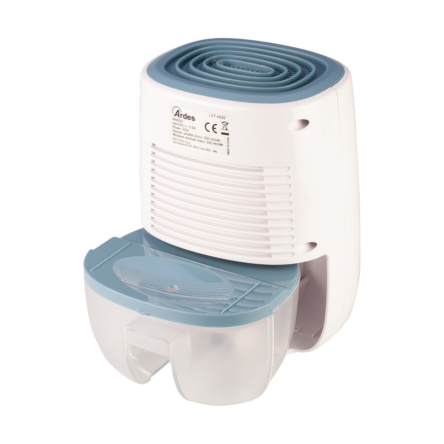 Un deumidificatore bianco e blu. Ha una parte superiore blu con un design a spirale e un serbatoio dell'acqua rimovibile. Il marchio è Ardes.