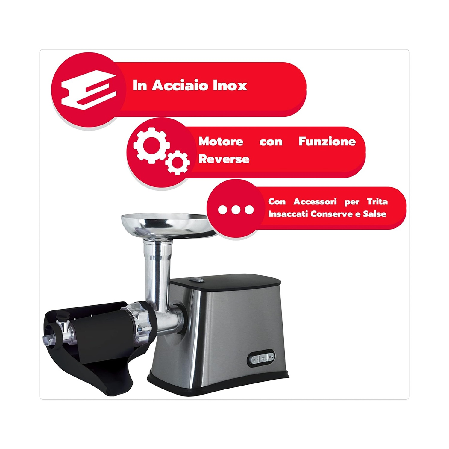 Un tritacarne in acciaio inossidabile con corpo nero e argento. Testo su banner rossi: acciaio inossidabile, motore con funzione reverse, accessori.