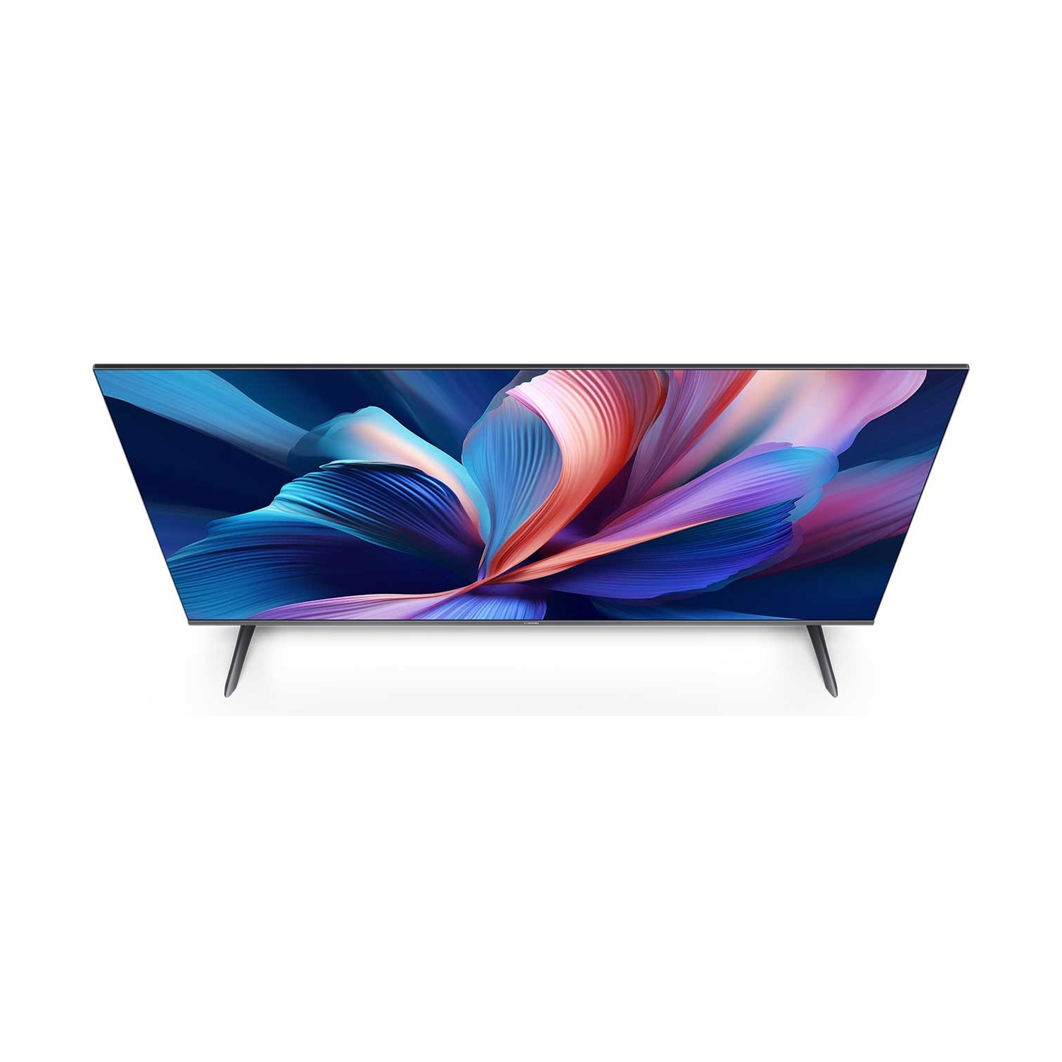 Vista dall'alto di una TV a schermo piatto. Lo schermo mostra un design astratto e colorato. La TV poggia su due gambe sottili su uno sfondo bianco.