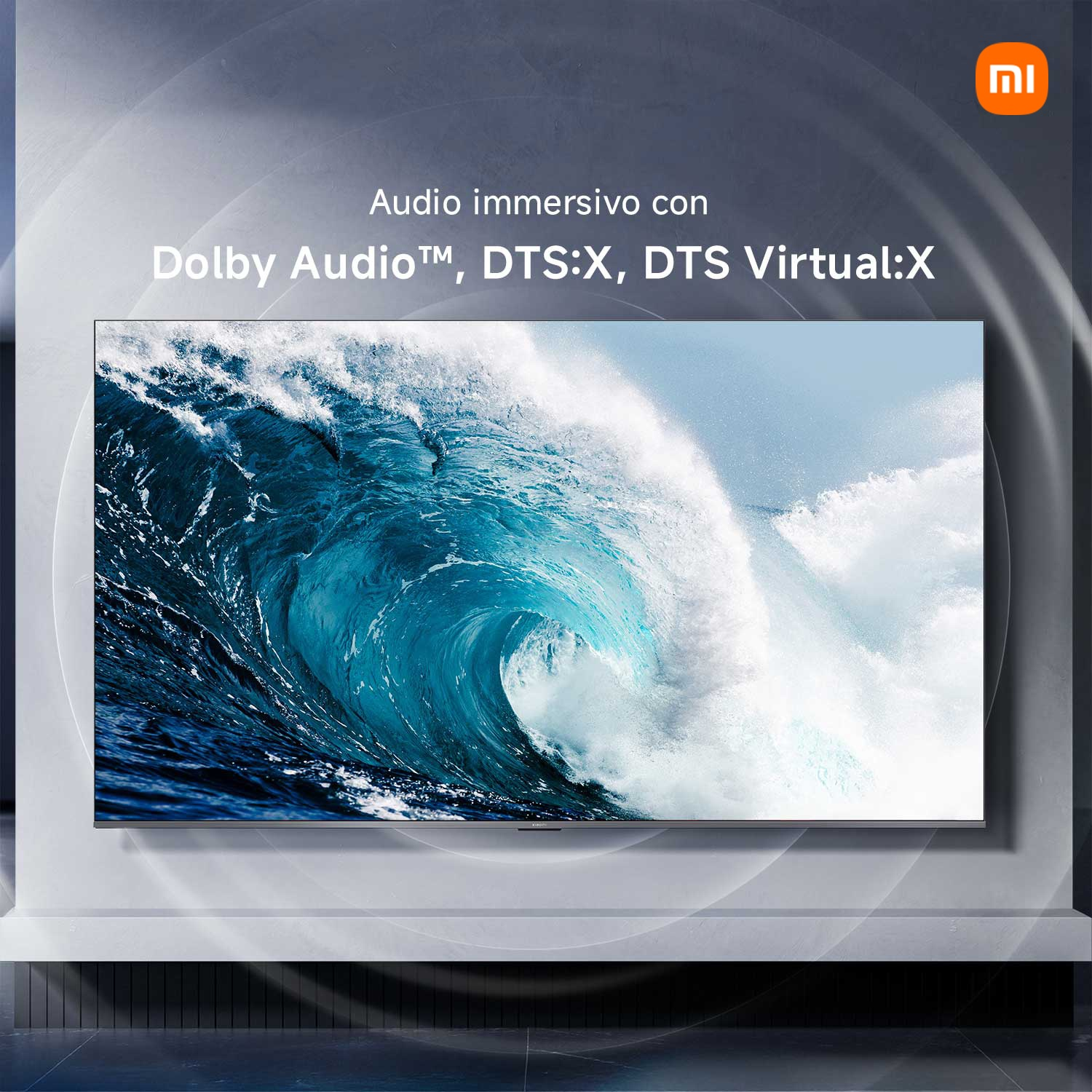 TV che mostra un'onda, con testo "Audio immersivo con Dolby Audio, DTS:X, DTS Virtual:X" e il logo MI.