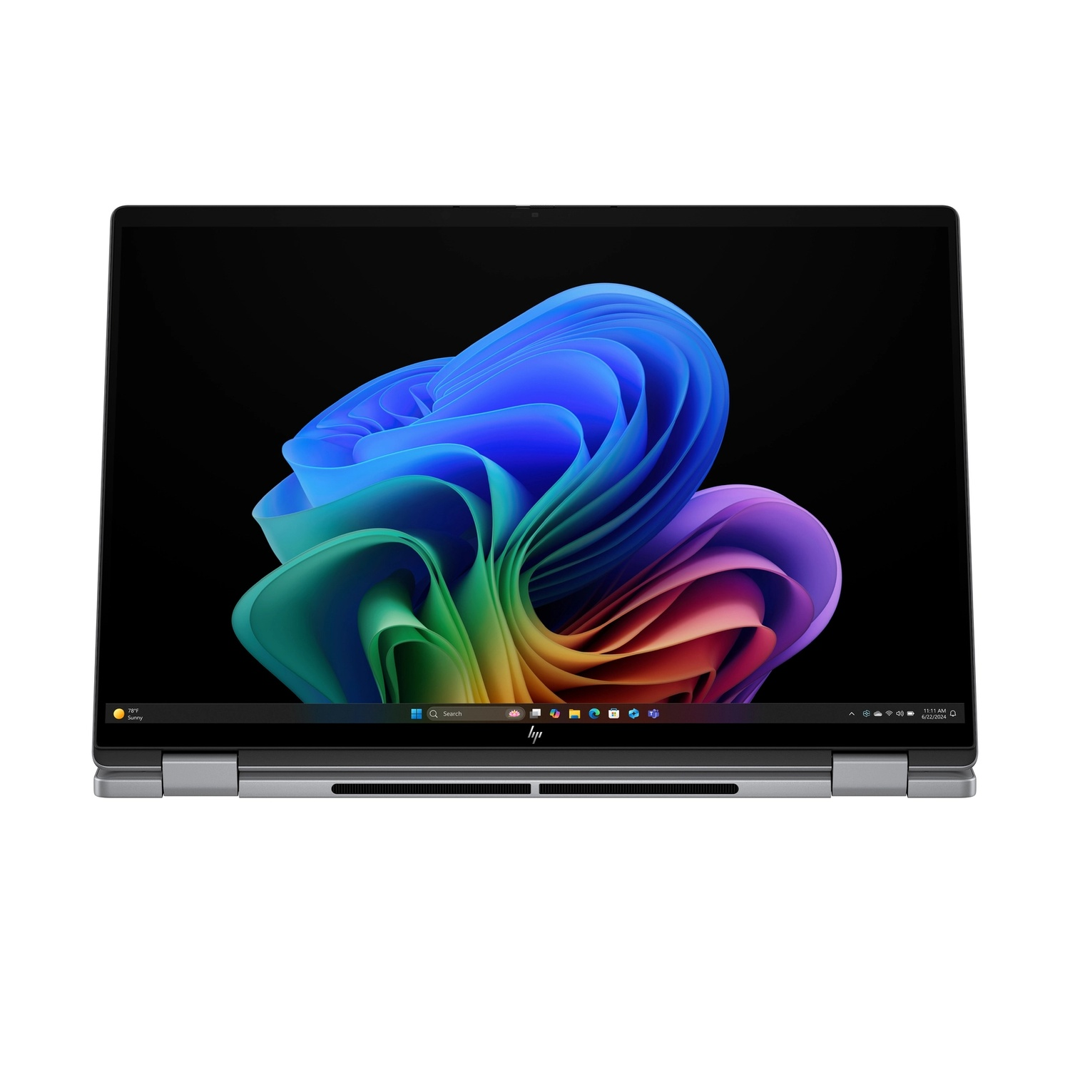 Un ordinateur portable HP argenté affiche une image abstraite colorée. L'écran affiche un motif tourbillonnant de bleus, verts et violets.