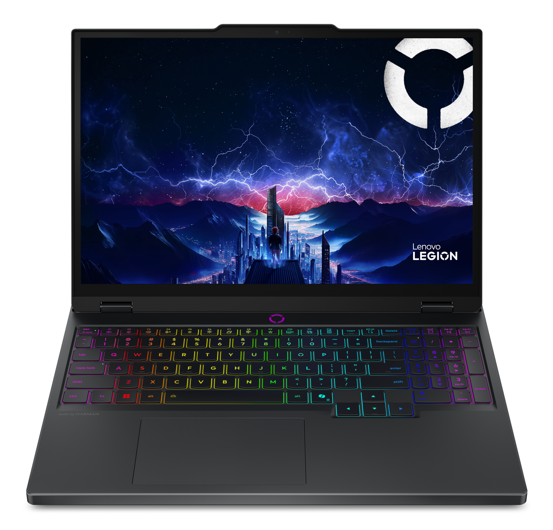 Laptop Lenovo Legion wyświetla miasto z błyskawicami i logo. Klawiatura świeci tęczowymi kolorami na czarnym tle.