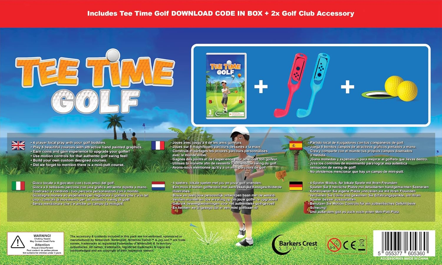 Arte de la caja de Tee Time Golf. Incluye juego, dos palos de golf y dos pelotas de golf amarillas. Texto en varios idiomas.