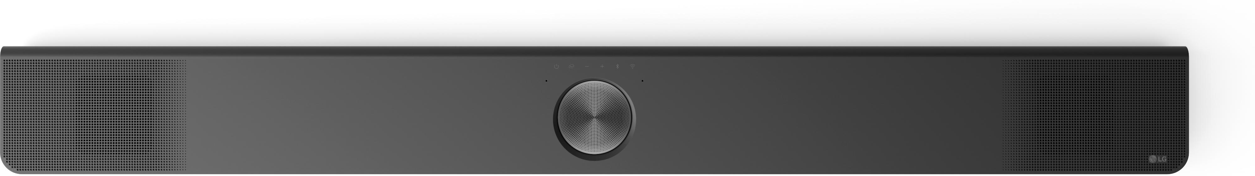 Dunkelgraue Soundbar mit rundem Lautsprecher und Steuertasten vor weißem Hintergrund.