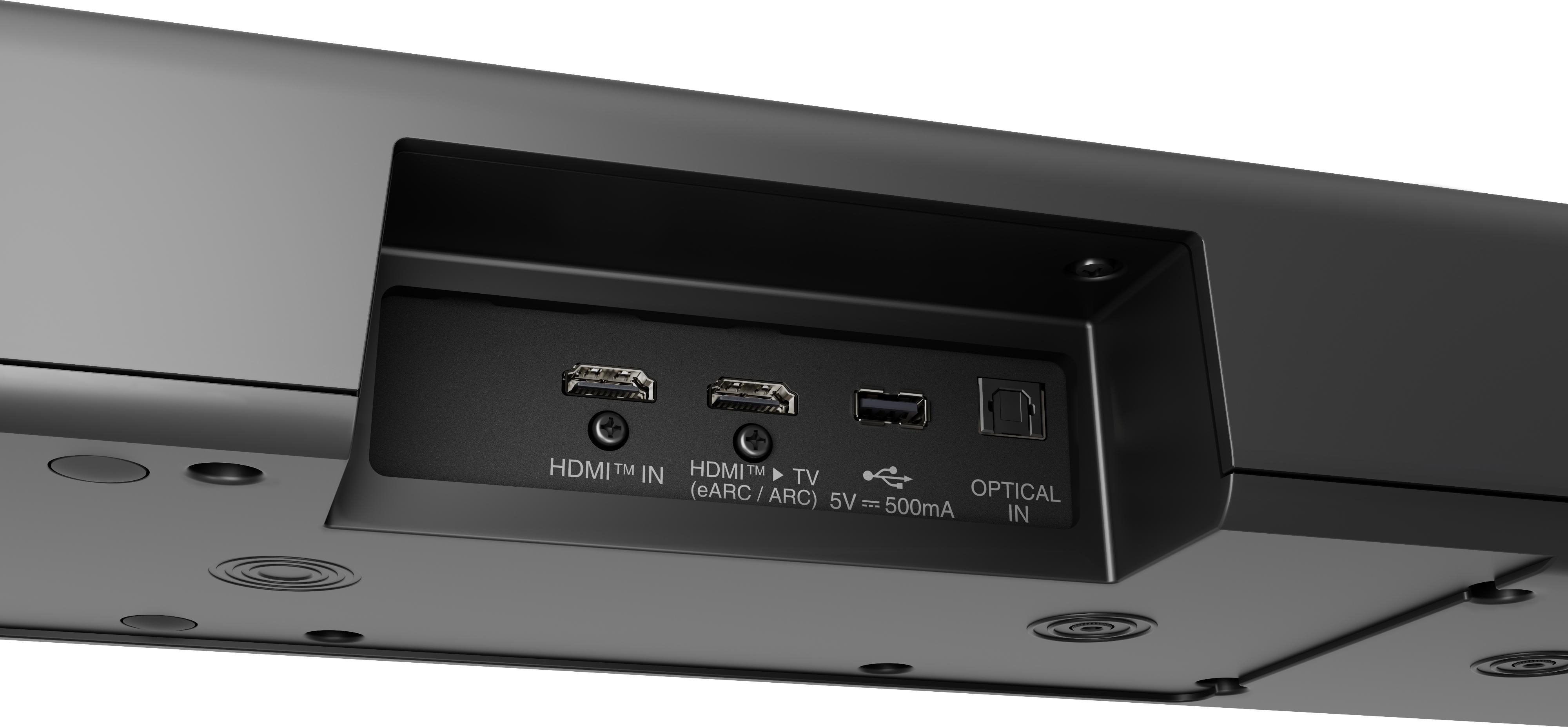 Nahaufnahme der Rückseite einer schwarzen Soundbar. Sie verfügt über HDMI-, USB- und optische Eingänge sowie mehrere kleine runde Schraubenlöcher.