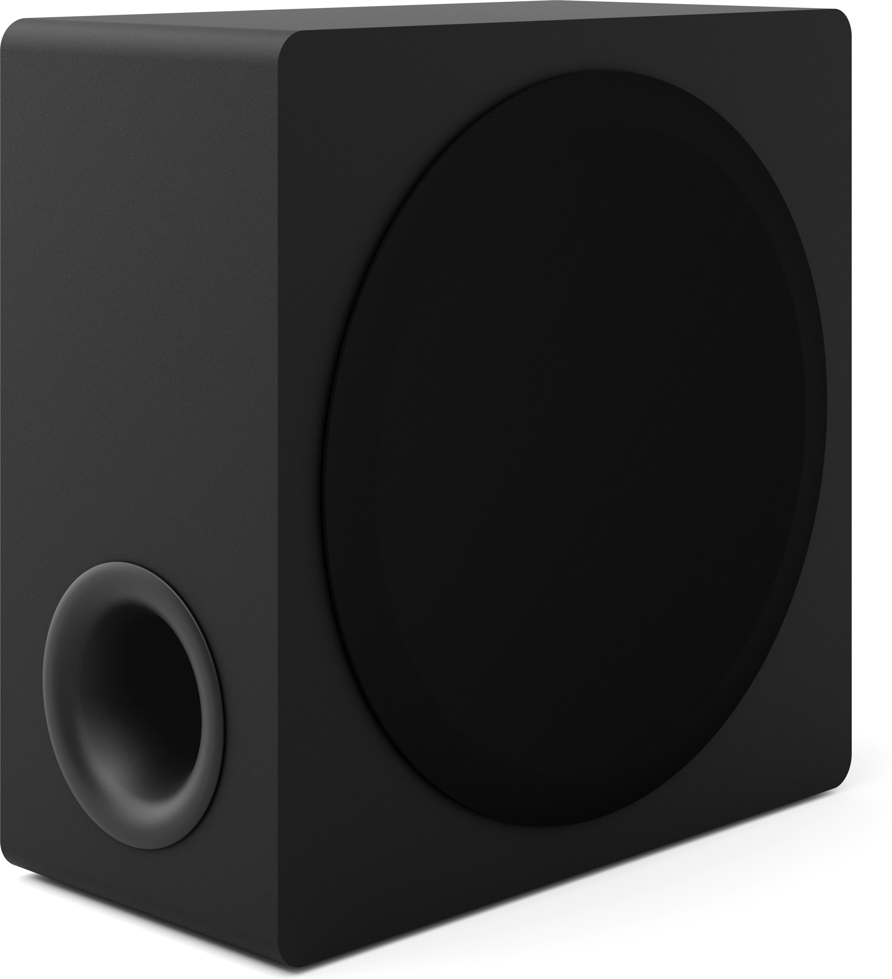Ein schwarzer Subwoofer mit einem großen kreisförmigen Lautsprecher und einem kleineren Anschluss. Der Lautsprecher hat abgerundete Kanten.