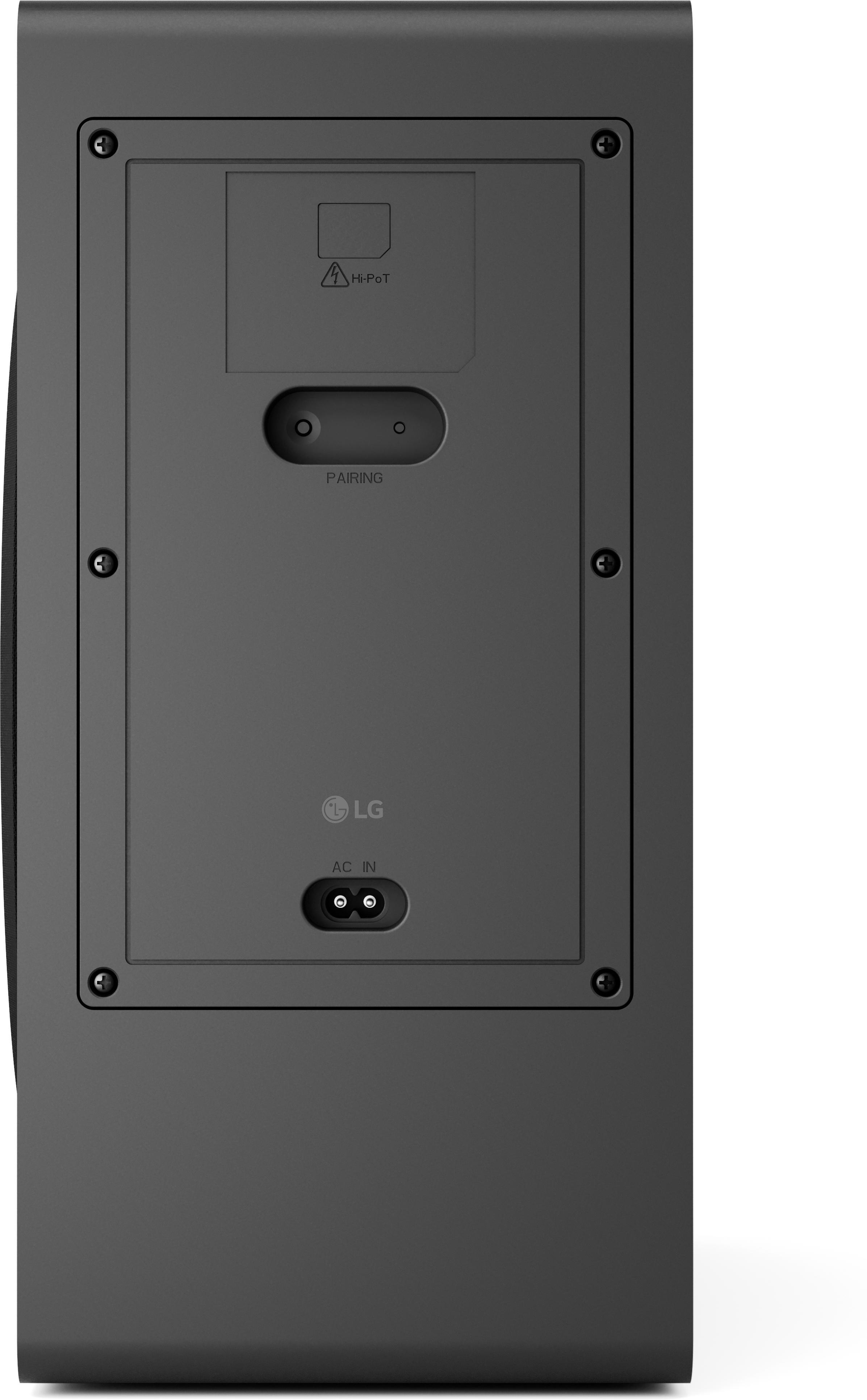 Schwarze Lautsprecherrückseite. Mit eingelassener Platte mit LG-Logo, AC IN und Pairing-Tasten. Hi-PoT-Warnung sichtbar.