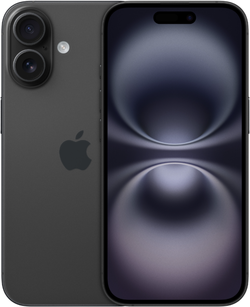 A dark gray iPhone displays an abstract, swirling pattern on its screen. Dual cameras and an Apple logo are visible.