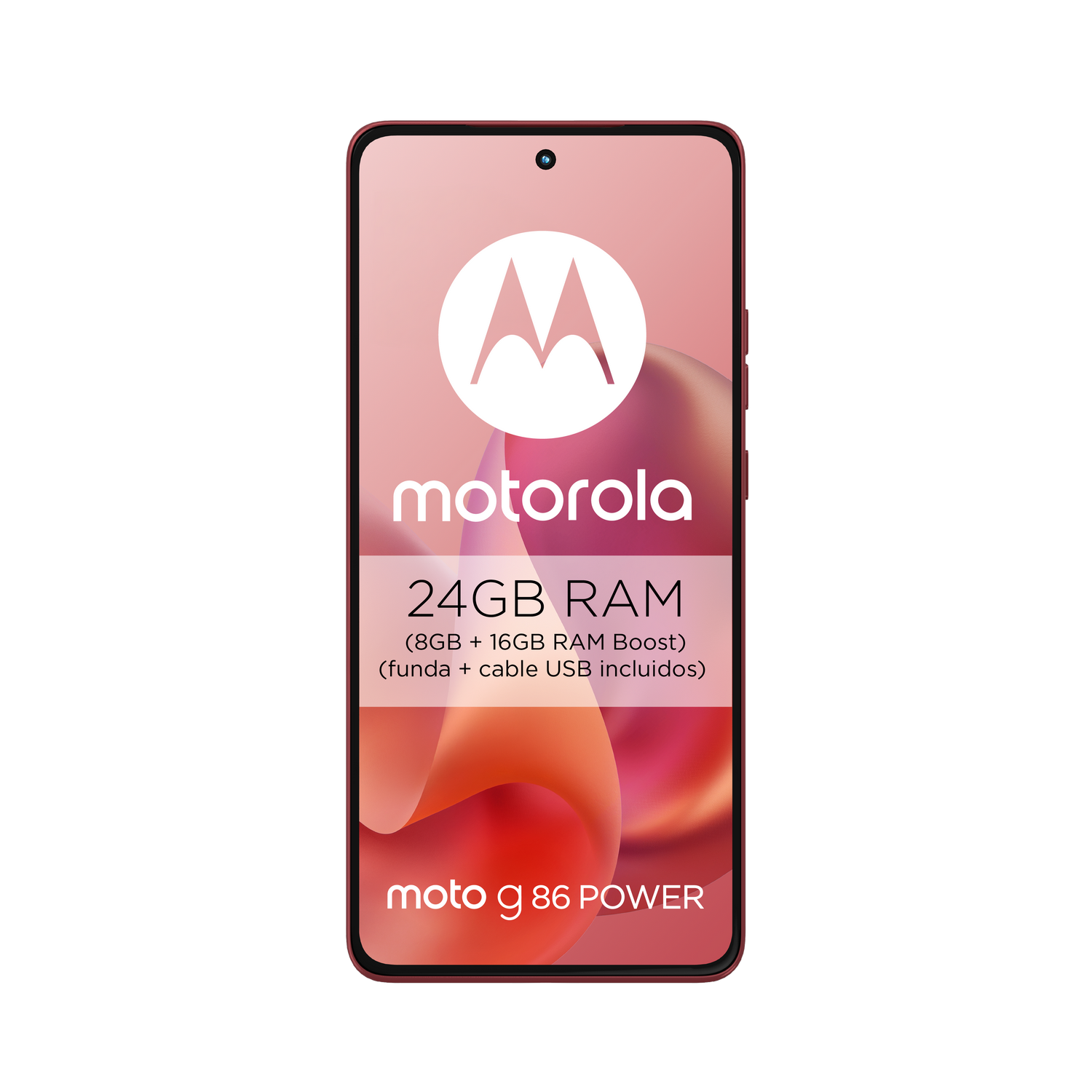 Un teléfono inteligente Motorola. La pantalla muestra el logotipo de Motorola, especificaciones como 24GB de RAM (8GB+16GB RAM Boost). También pone funda y cable incluidos.
