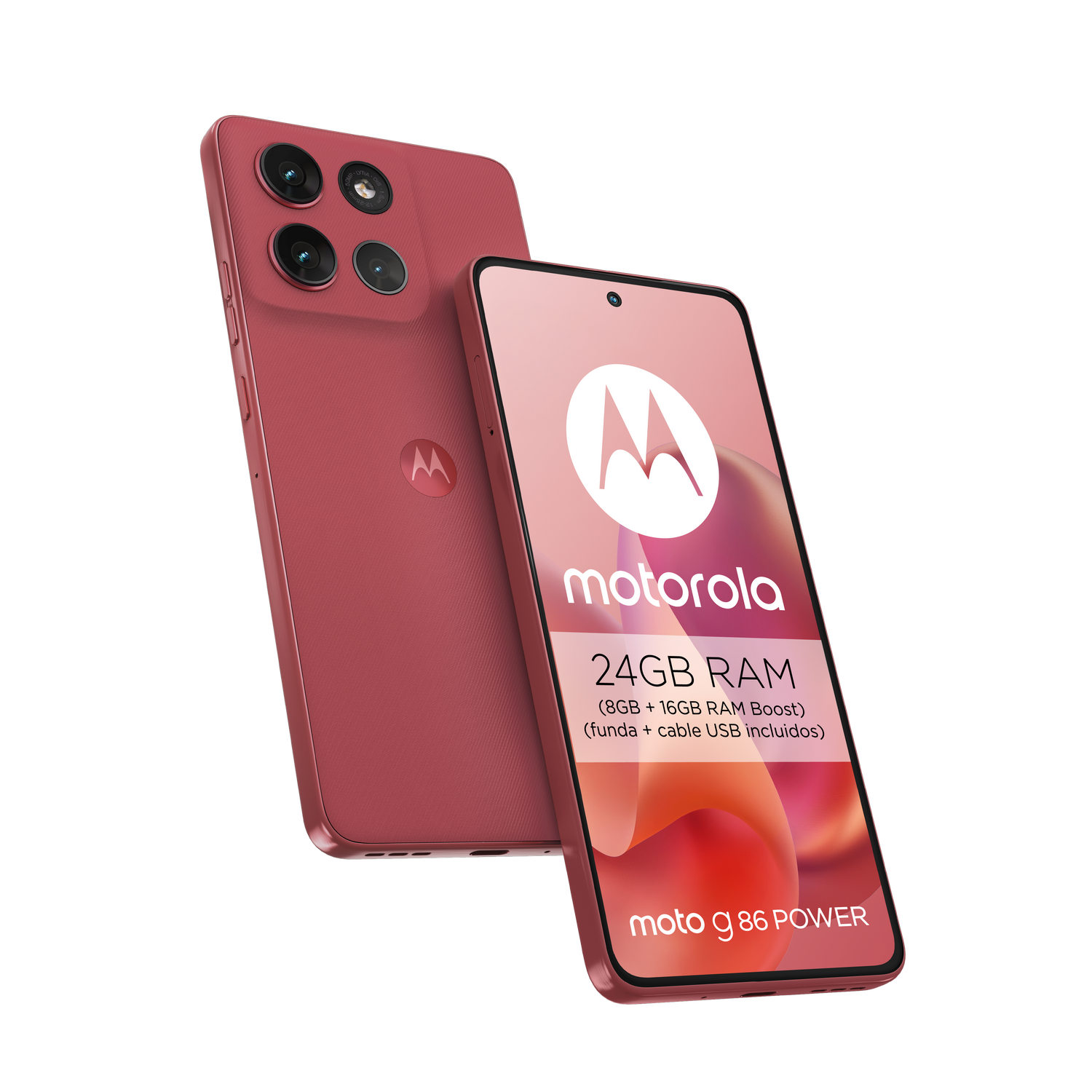 Dos teléfonos Motorola rojos. Uno muestra el logotipo de la marca, información de RAM y nombre del modelo. El otro muestra su parte trasera con cámaras.