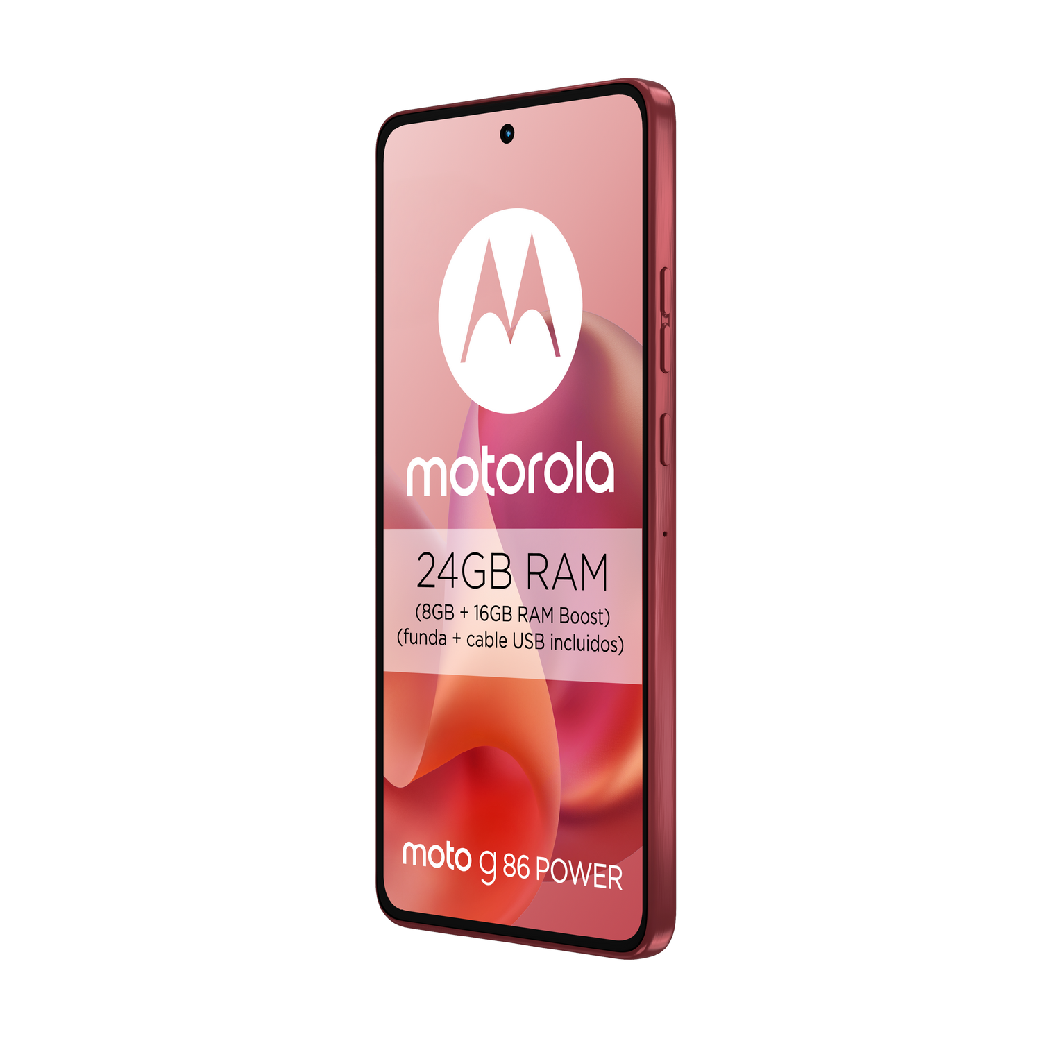 Un smartphone Motorola rojo muestra el logotipo, detalles de RAM y el nombre del modelo. El teléfono está sobre un fondo gris.