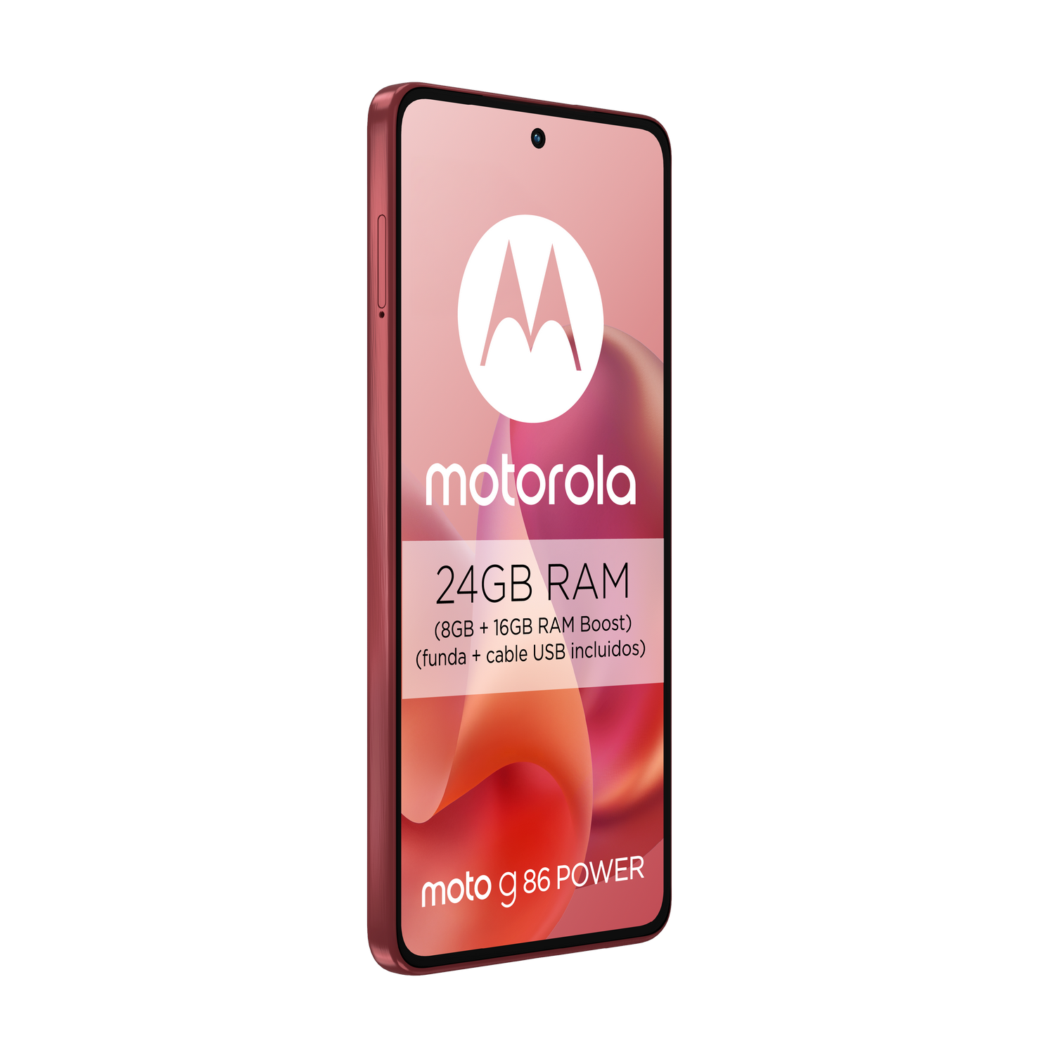 Un teléfono Motorola rojo muestra el logotipo, 24 GB de RAM y texto Moto g86 POWER sobre un fondo rosa y rojo.