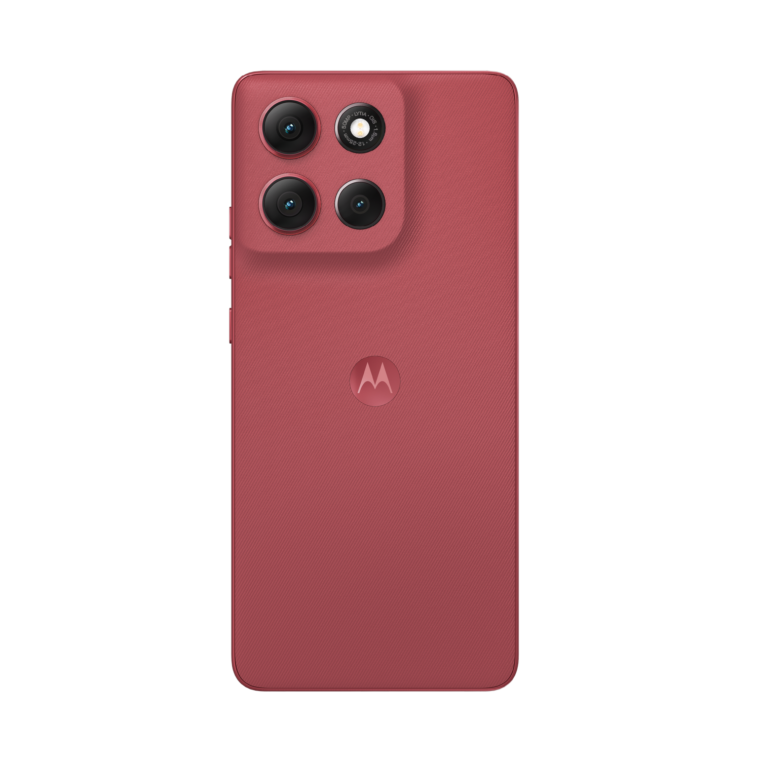 Un teléfono Motorola rojo con cuatro lentes de cámara en la parte trasera. El teléfono tiene un acabado texturizado y un logotipo de Motorola.