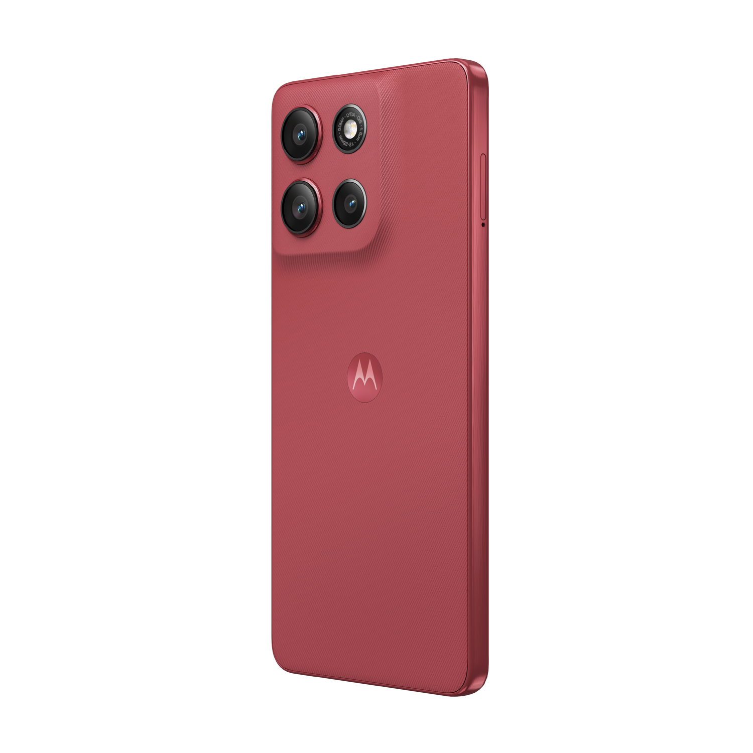 Teléfono Motorola rojo. Cuatro cámaras traseras, logo Motorola y parte trasera texturizada. Teléfono en ángulo.