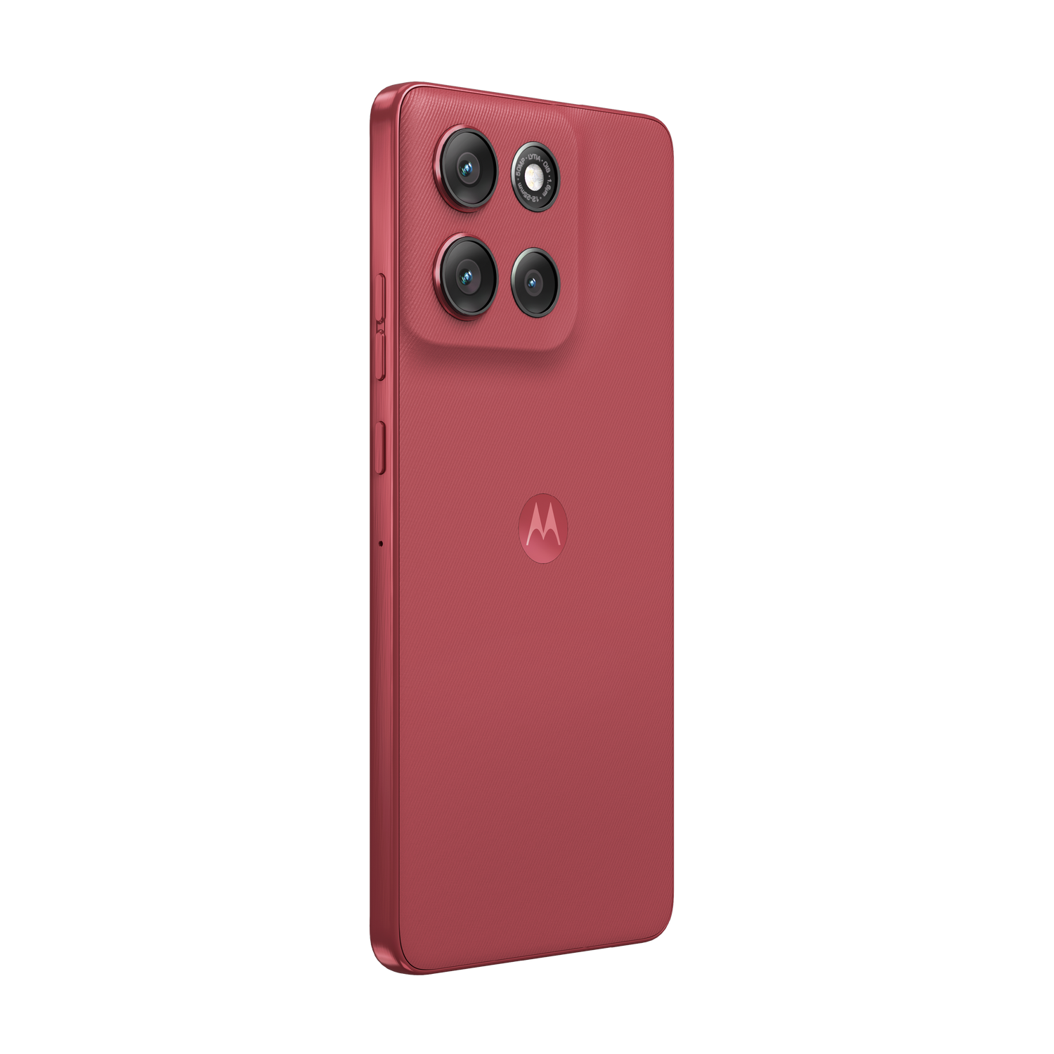Un teléfono Motorola rojo. Tiene cuatro cámaras y el logotipo de Motorola. Botones laterales. Fondo gris.