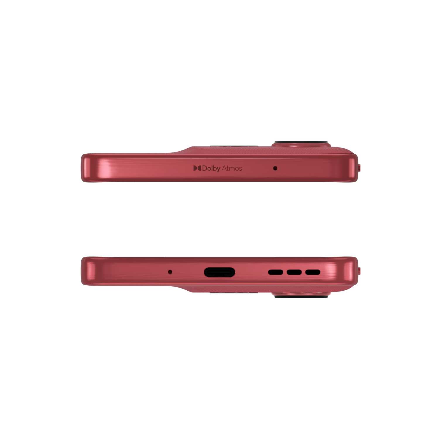 Dos vistas de un smartphone rojo sobre un fondo gris. Una muestra la parte superior, la otra la inferior. Logotipo Dolby Atmos.