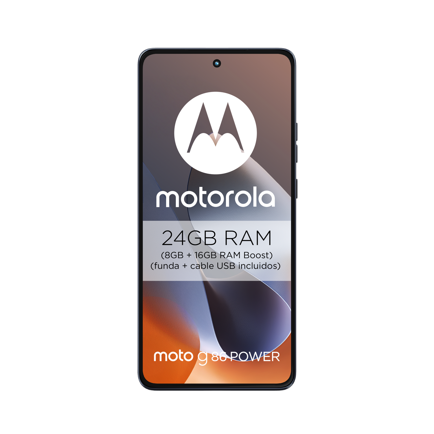 Teléfono Motorola Moto G86 Power sobre fondo gris. Especificaciones: 24GB RAM. El logotipo de Motorola se muestra en la pantalla.