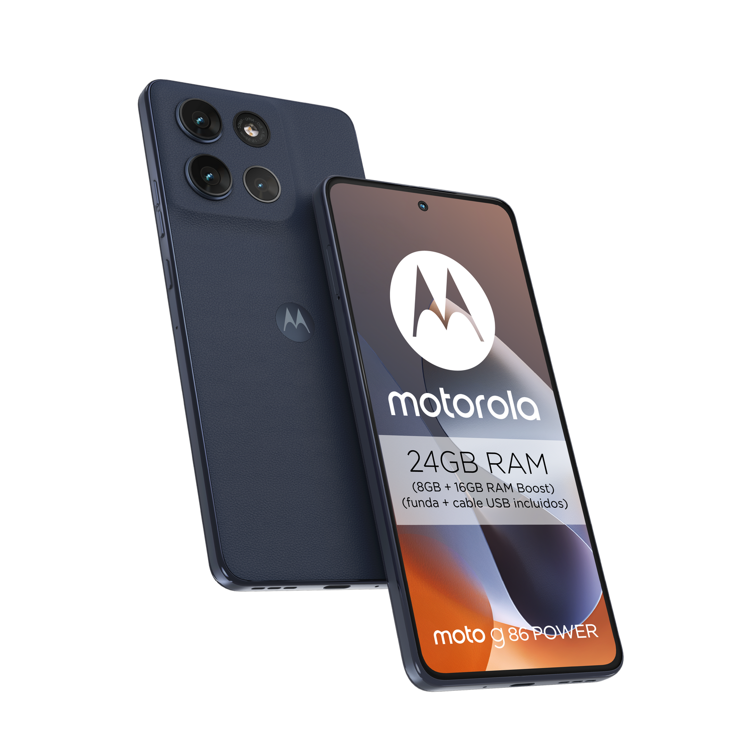 Dos smartphones, uno muestra el logo y especificaciones de Motorola, el otro con cámaras. Son azul oscuro sobre fondo gris.