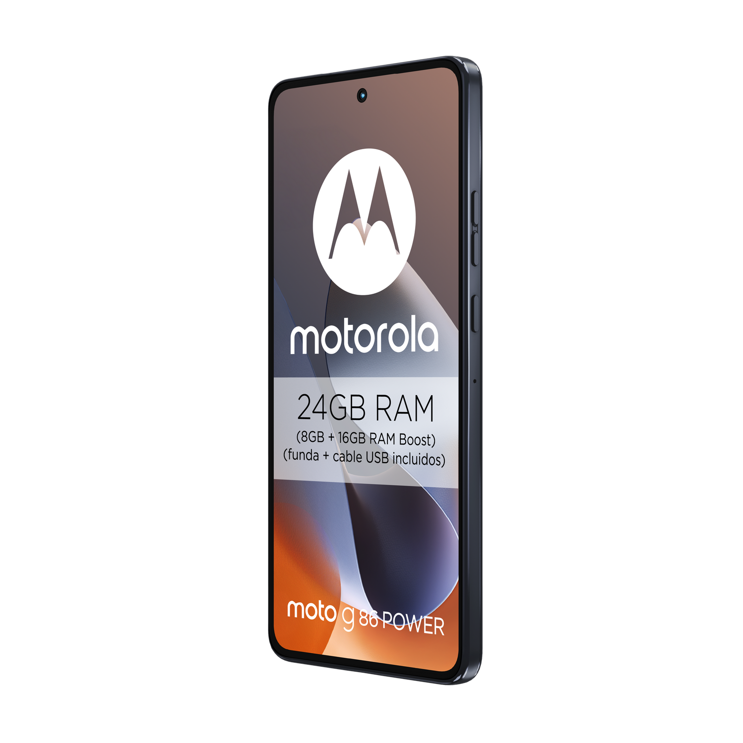 Se muestra un teléfono Motorola. La pantalla muestra el logotipo de Motorola, detalles de RAM y el nombre del modelo moto g 86 POWER.