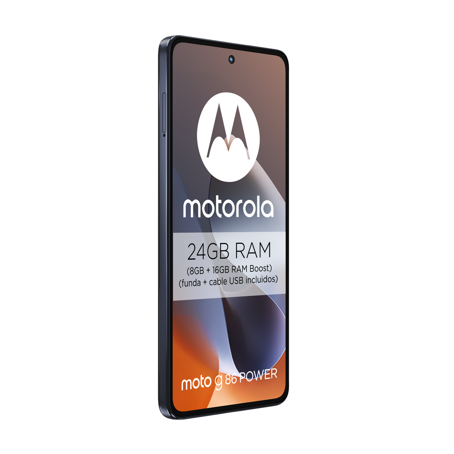 Teléfono Motorola sobre fondo gris. El teléfono muestra el logotipo de Motorola, 24GB RAM y el texto Moto g86 POWER. El teléfono es azul oscuro.