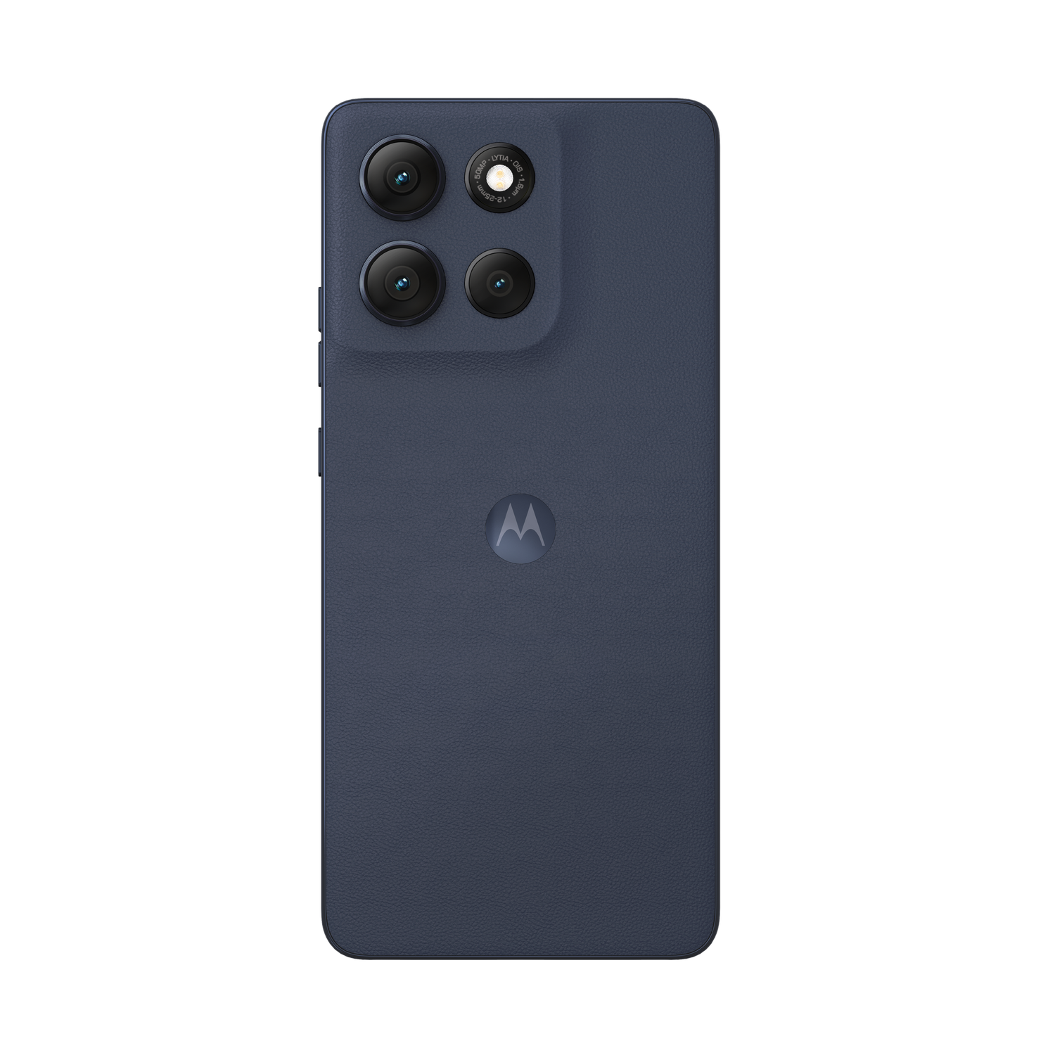 Vista trasera de un smartphone Motorola azul. Tiene tres cámaras, un logotipo de Motorola y botones laterales. El fondo es gris.
