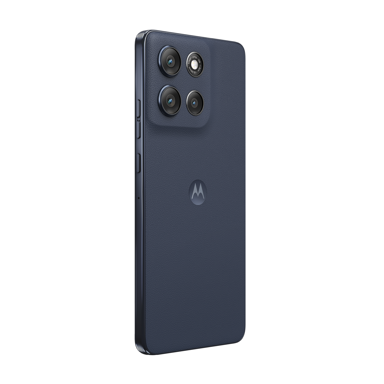 Un smartphone Motorola azul oscuro. Tiene cuatro cámaras traseras, una parte trasera texturizada y el logotipo de Motorola. Contra un fondo gris.