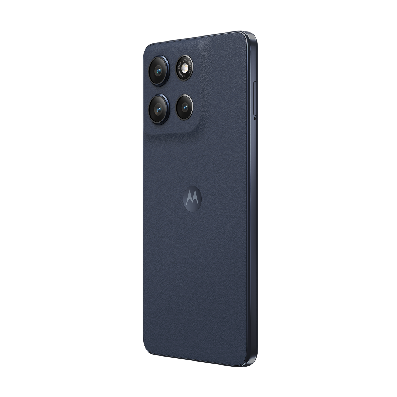 Un smartphone Motorola azul oscuro, vista lateral. Tiene cuatro cámaras traseras y un logotipo de Motorola. El fondo es gris.