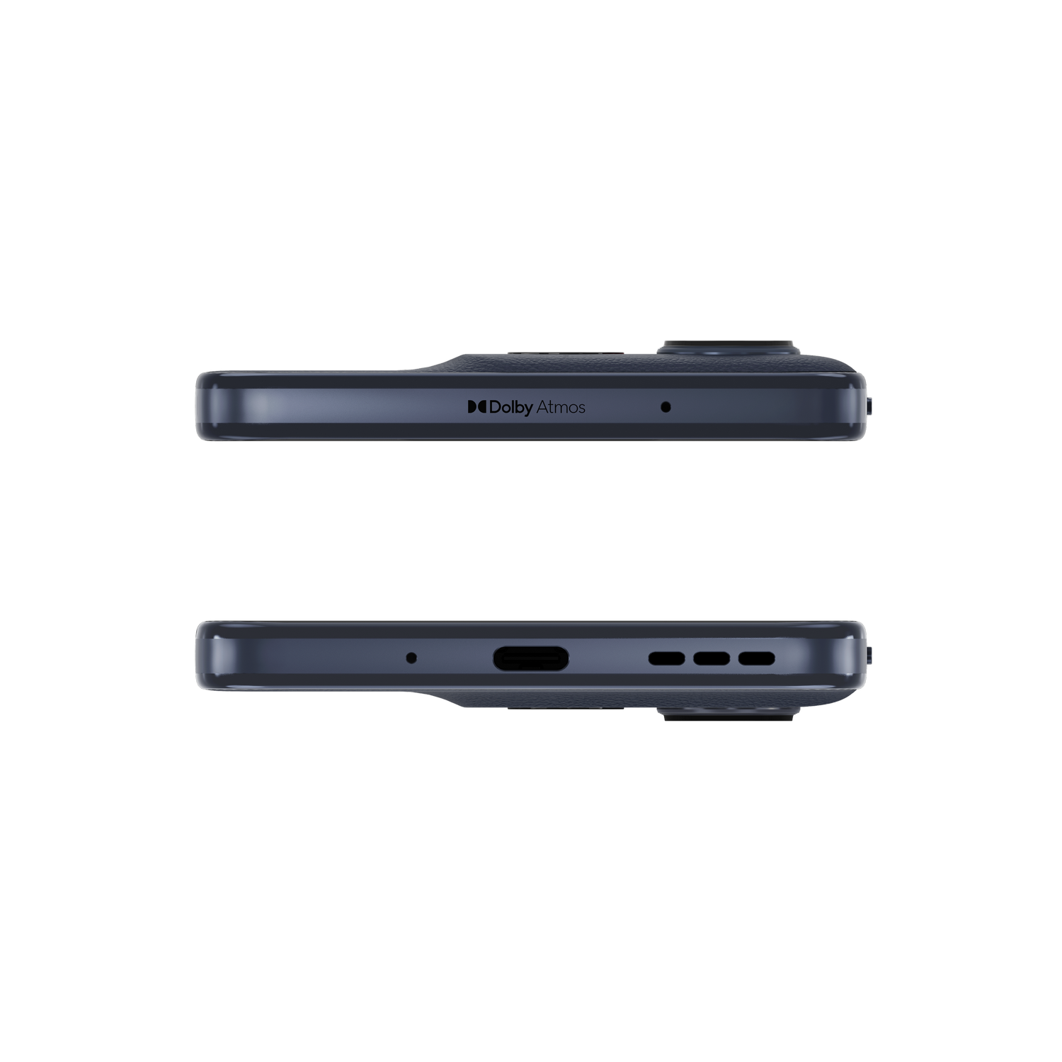 Un smartphone en vista superior. El teléfono es azul oscuro. Arriba está el logotipo Dolby Atmos. Parte inferior muestra puertos y altavoz.