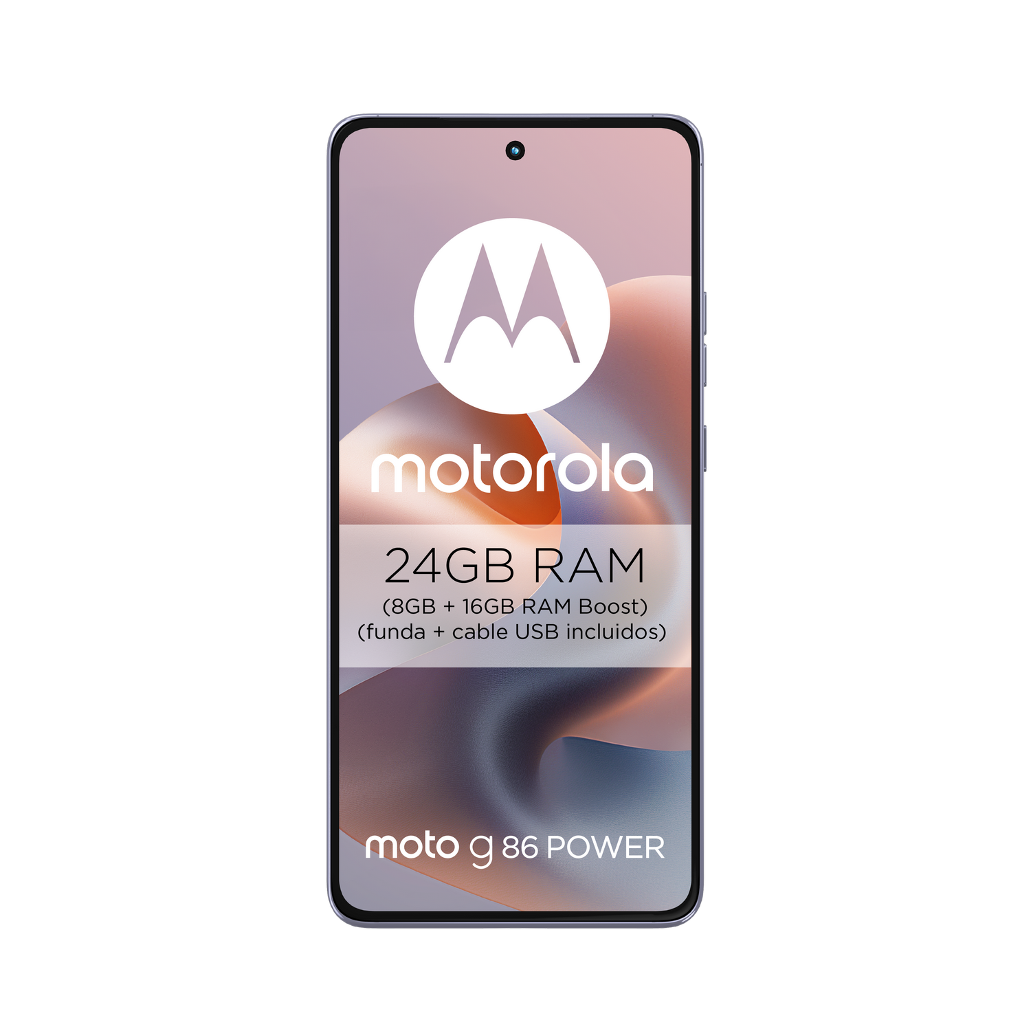 Smartphone Motorola sobre fondo gris. Pantalla muestra logo, info de 24GB RAM y nombre del modelo: moto g 86 POWER.