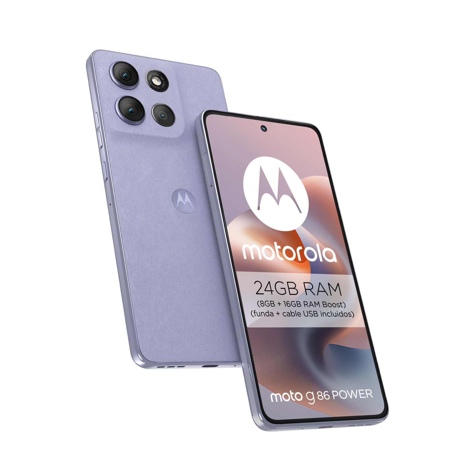 Dos teléfonos Motorola Moto g 86 POWER, morados, con el logo de Motorola en pantalla. Texto: 24GB RAM, moto g 86 POWER.