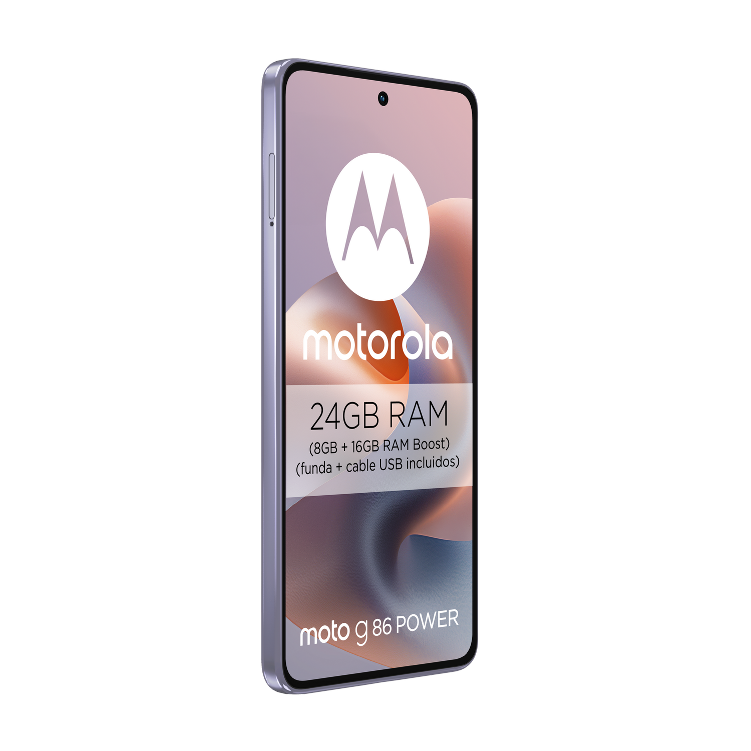 Se muestra un teléfono Motorola Moto G86 Power. La pantalla muestra el logotipo de Motorola, información de RAM y el nombre del modelo. 