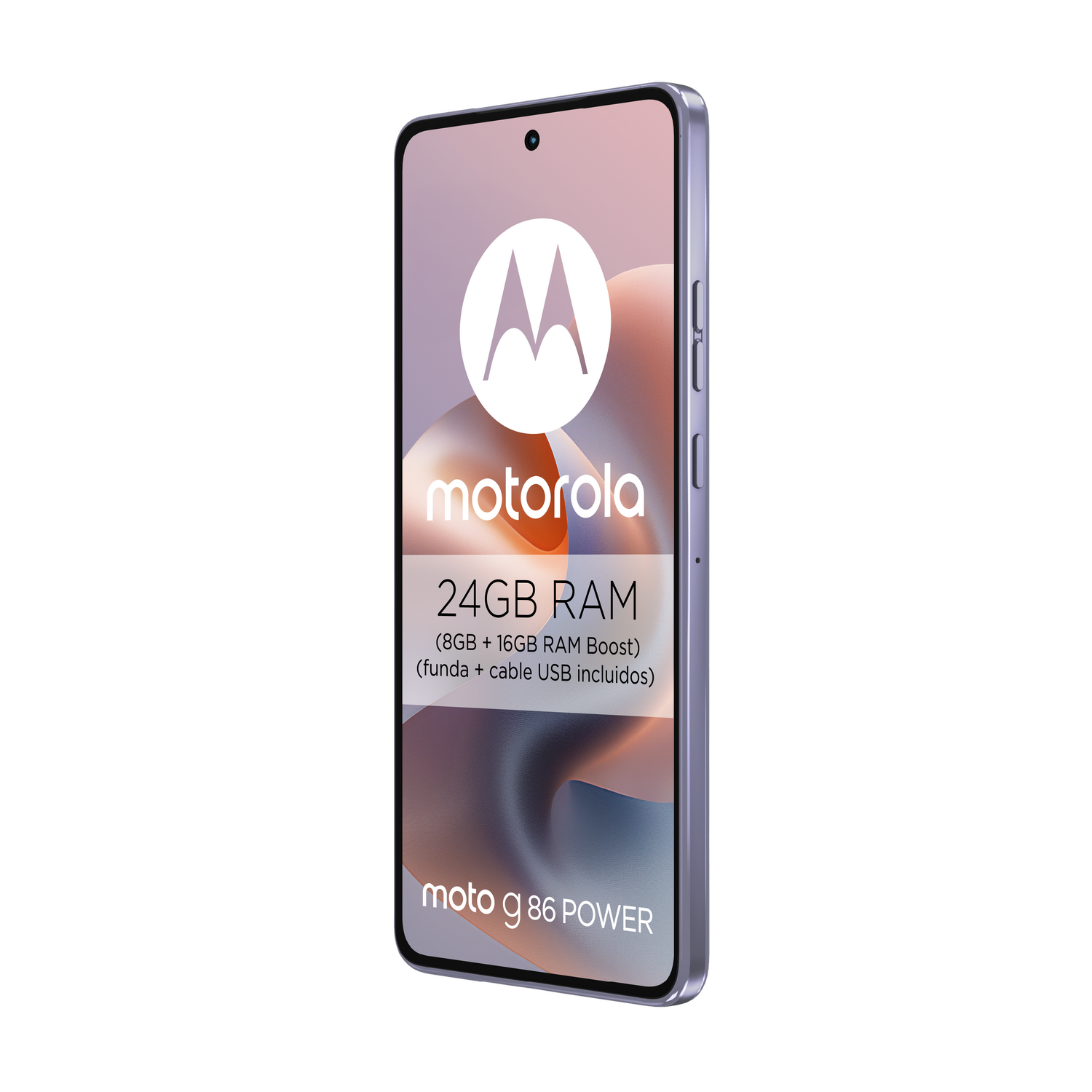 Un teléfono Motorola con una pantalla que muestra el logotipo y las especificaciones. El teléfono es gris y tiene las palabras 'motorola' y '24GB RAM'.