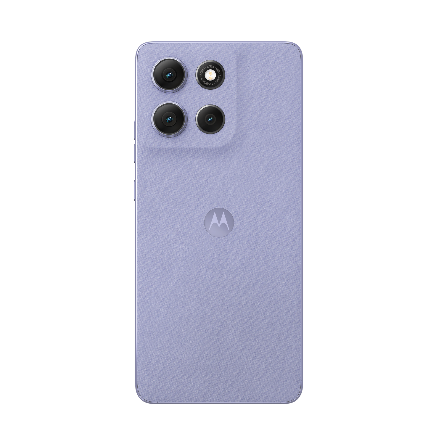 Parte trasera de un smartphone Motorola morado claro con tres lentes de cámara, un logo y una superficie texturizada, sobre fondo gris.