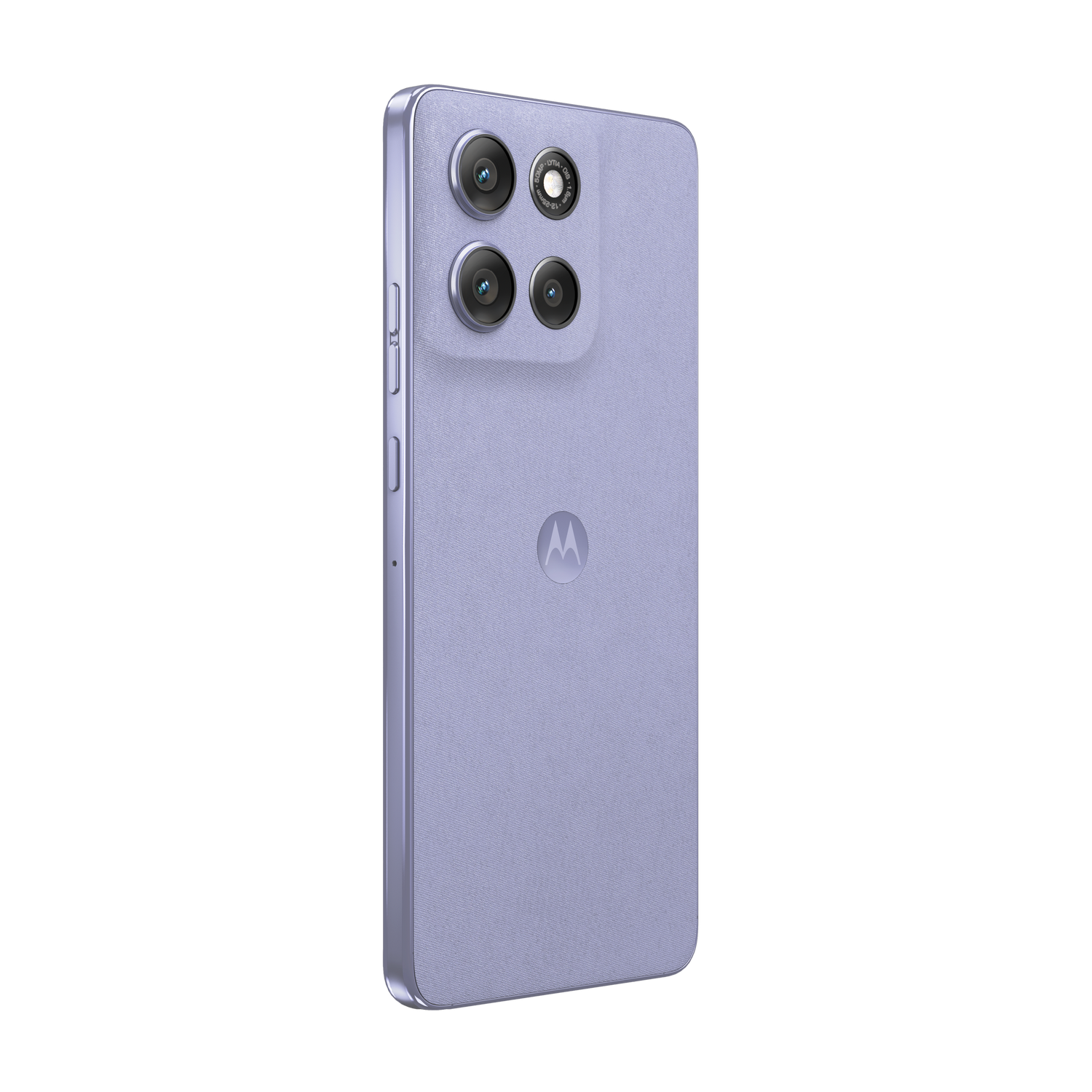 Se muestra un teléfono inteligente Motorola de color lila claro. Tiene una configuración de triple cámara y un logotipo de Motorola en la parte trasera. El teléfono está sobre un fondo gris.