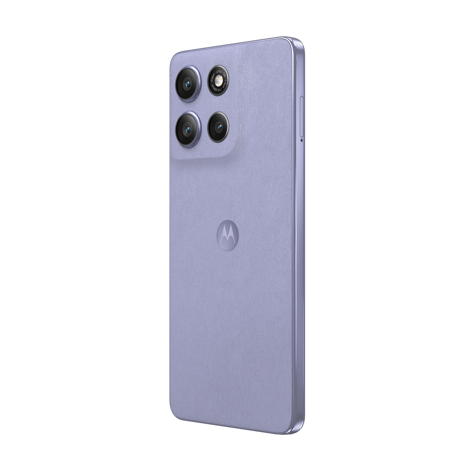Un teléfono inteligente morado claro con cuatro cámaras en la parte trasera, un logotipo de Motorola y un marco plateado. El fondo es gris.