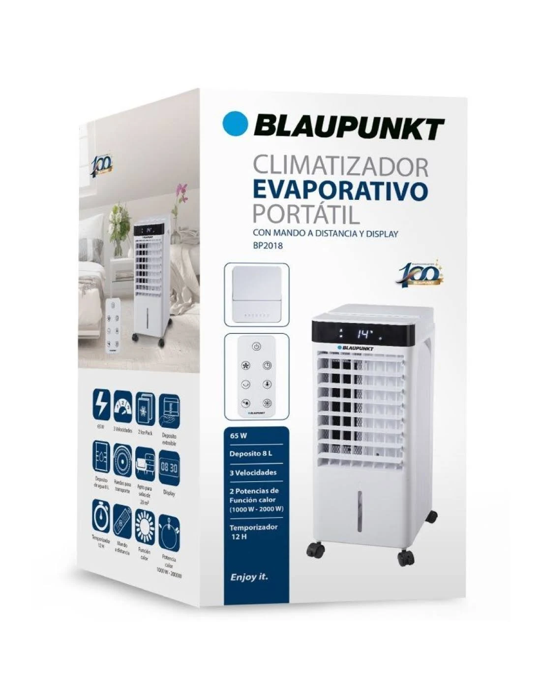 Una caja de refrigerador evaporativo Blaupunkt. Muestra el producto con sus características, incluido el mando a distancia y la pantalla. Blanco y negro.