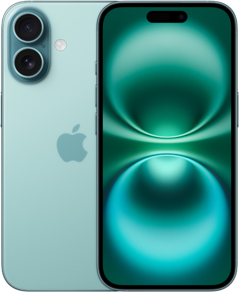 Een turquoise smartphone met een groen scherm. Het heeft twee camera's en een Apple-logo op de achterkant. Het scherm toont een groen abstract ontwerp.