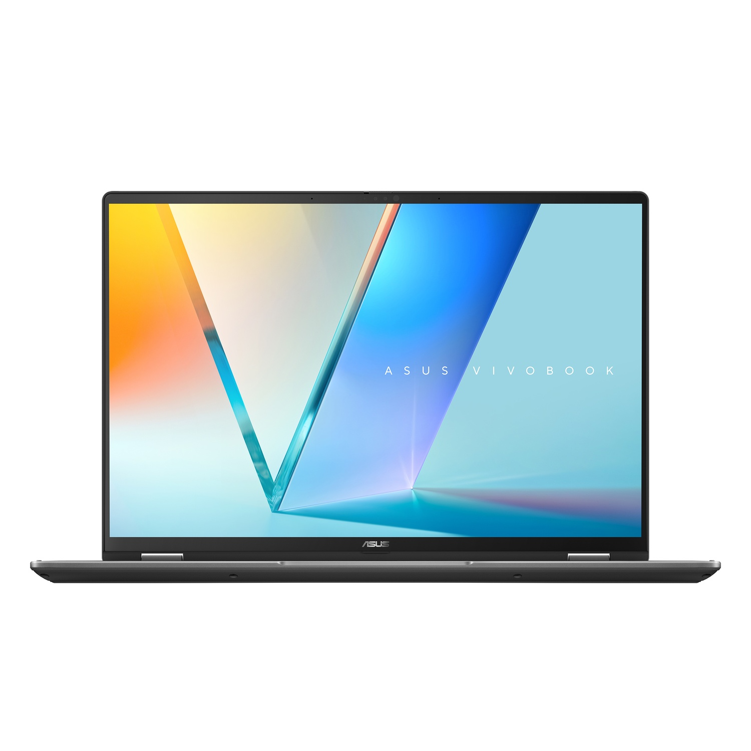 An ASUS VivoBook laptop is open. The screen shows a colorful abstract design. The laptop is on a white background.