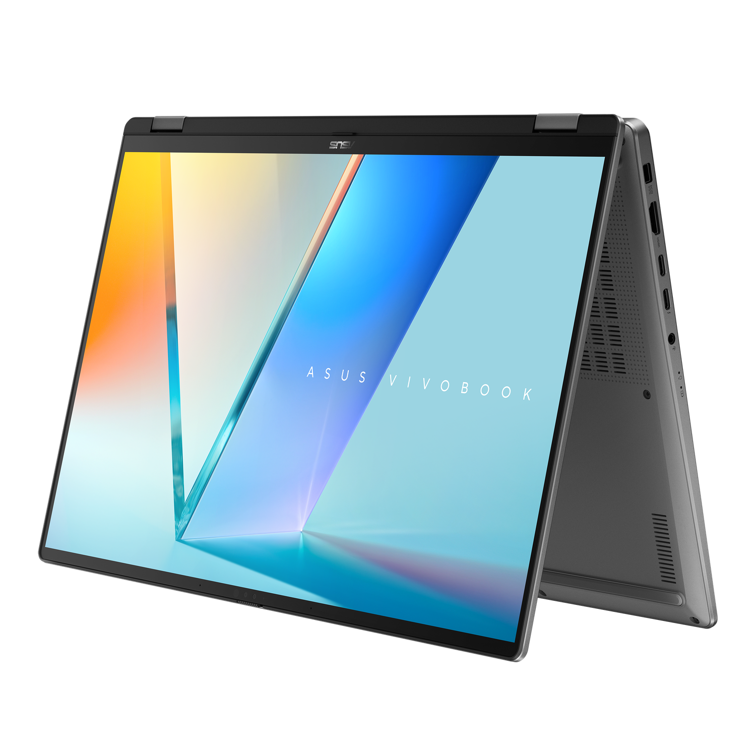 An open ASUS Vivobook laptop, tilted back. The screen displays a colorful gradient. The laptop is on a black background.