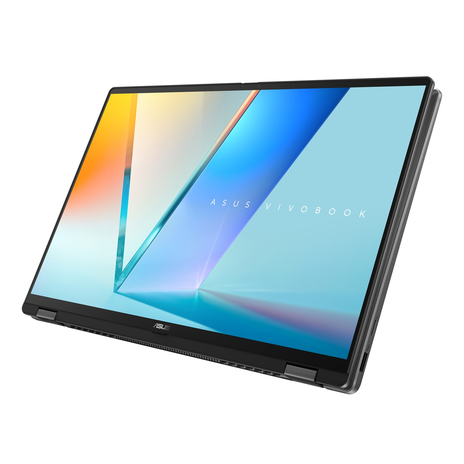 An ASUS Vivobook laptop is displayed at an angle. Its screen shows a colorful abstract design. The laptop is on a white background.