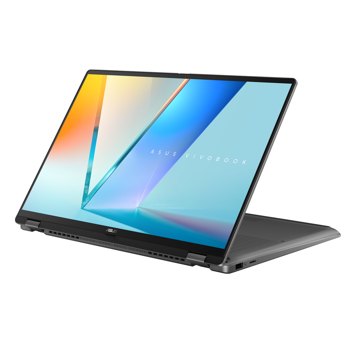 An open Asus Vivobook laptop displays a colorful screen against a black background.