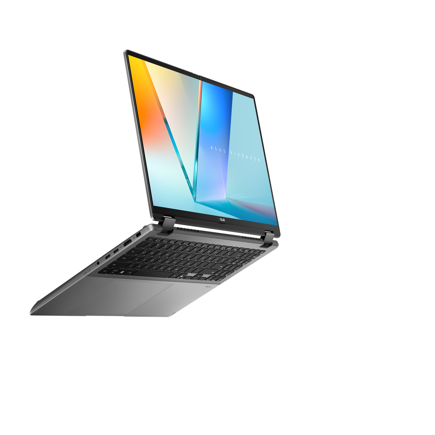 A silver ASUS Vivobook laptop is open, angled to the right, displaying a colorful screen against a black background.