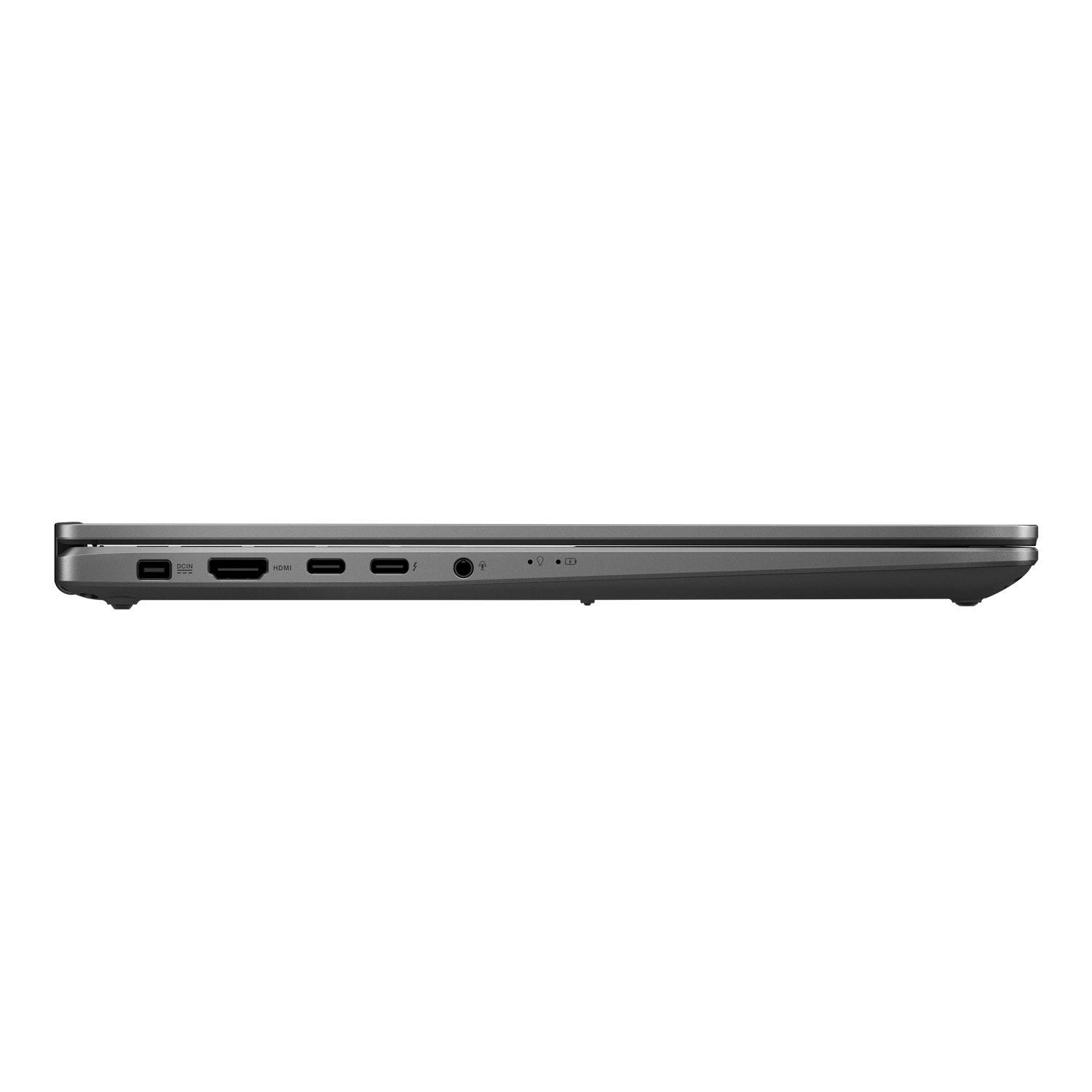 Side view of a gray laptop. Visible ports include DCIN, HDMI, USB-C, and audio jack. Black background.